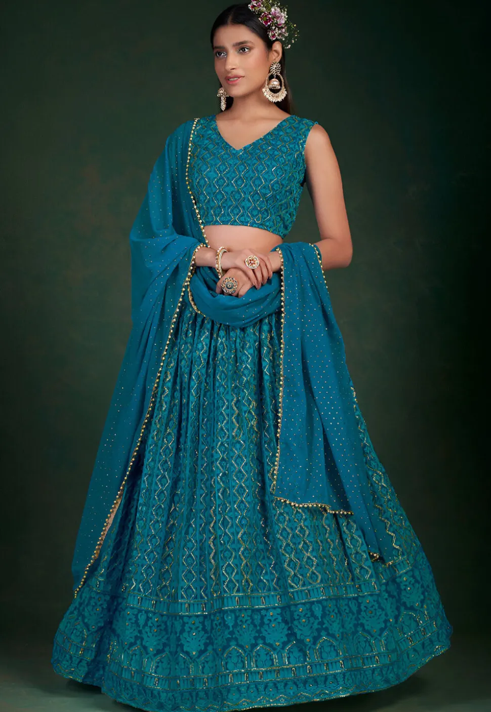 Embroidered Georgette Lehenga in Blue