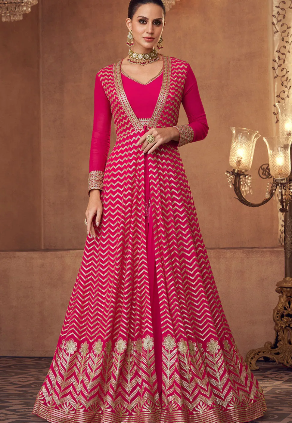 Embroidered Georgette Lehenga in Fuchsia