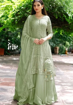 Embroidered Georgette Lehenga in Pastel Green
