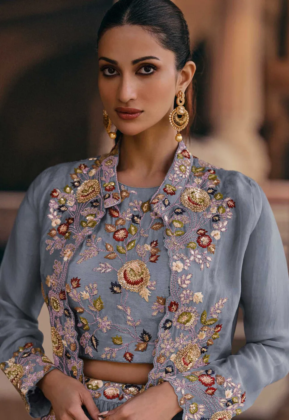 Embroidered Georgette Lehenga in Blue