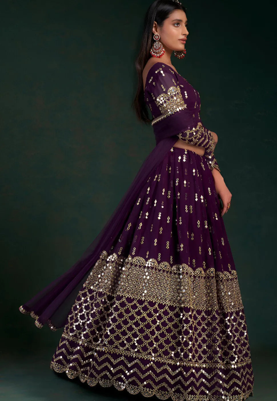 Embroidered Georgette Lehenga in Purple