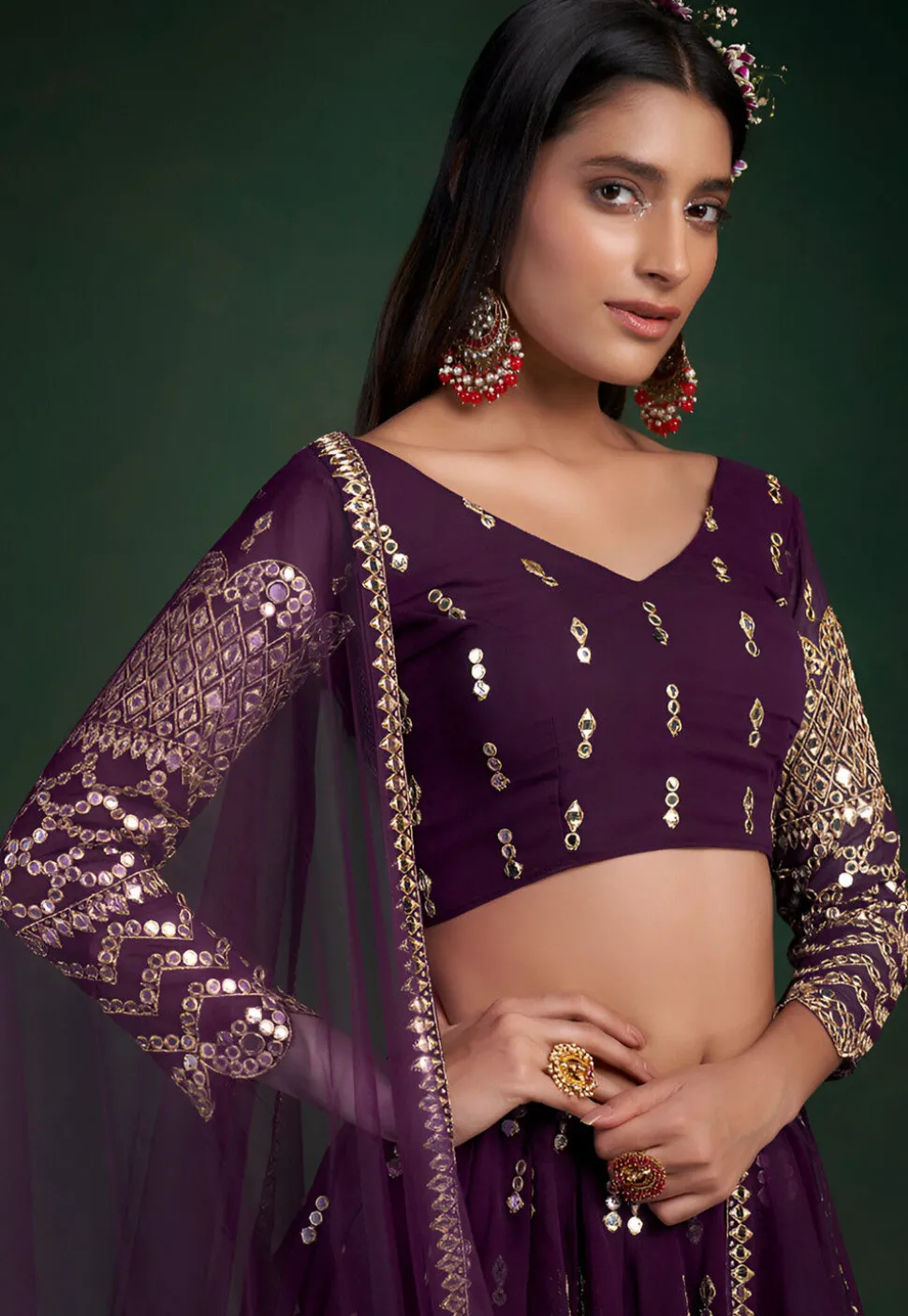Embroidered Georgette Lehenga in Purple