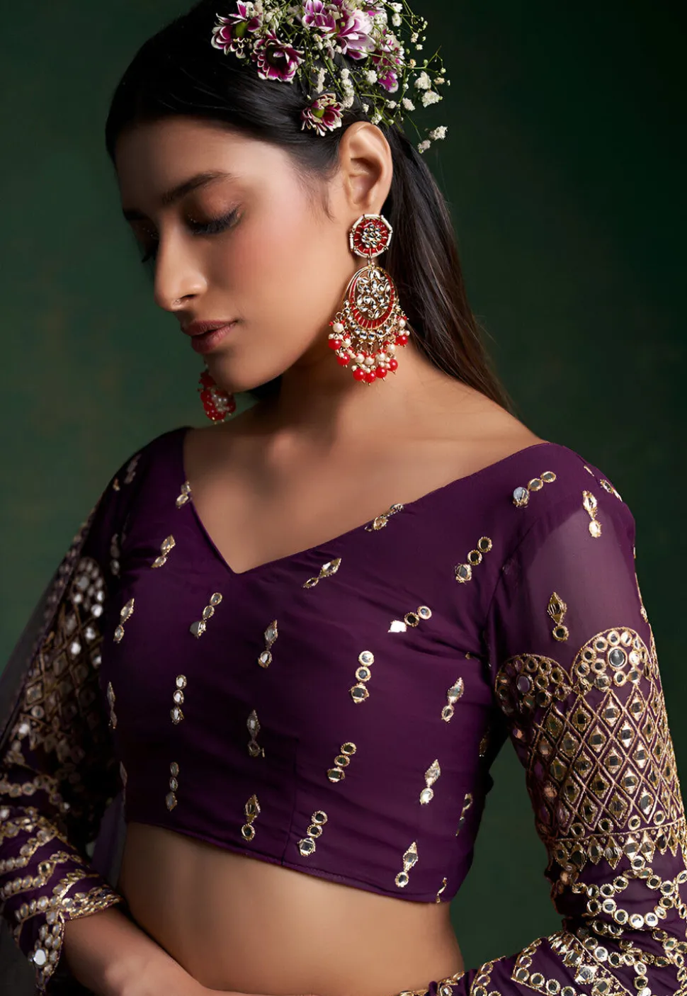 Embroidered Georgette Lehenga in Purple