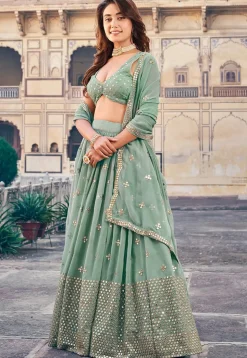 Embroidered Georgette Lehenga in Dusty Green