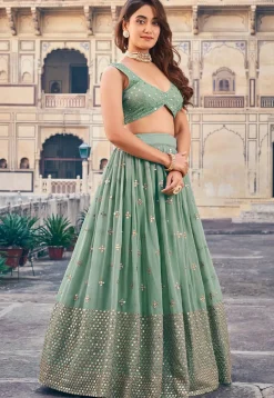 Embroidered Georgette Lehenga in Dusty Green