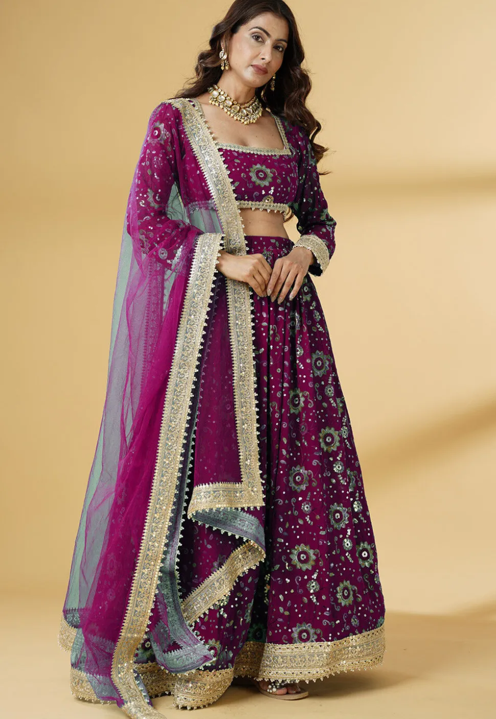 Embroidered Georgette Lehenga in Magenta