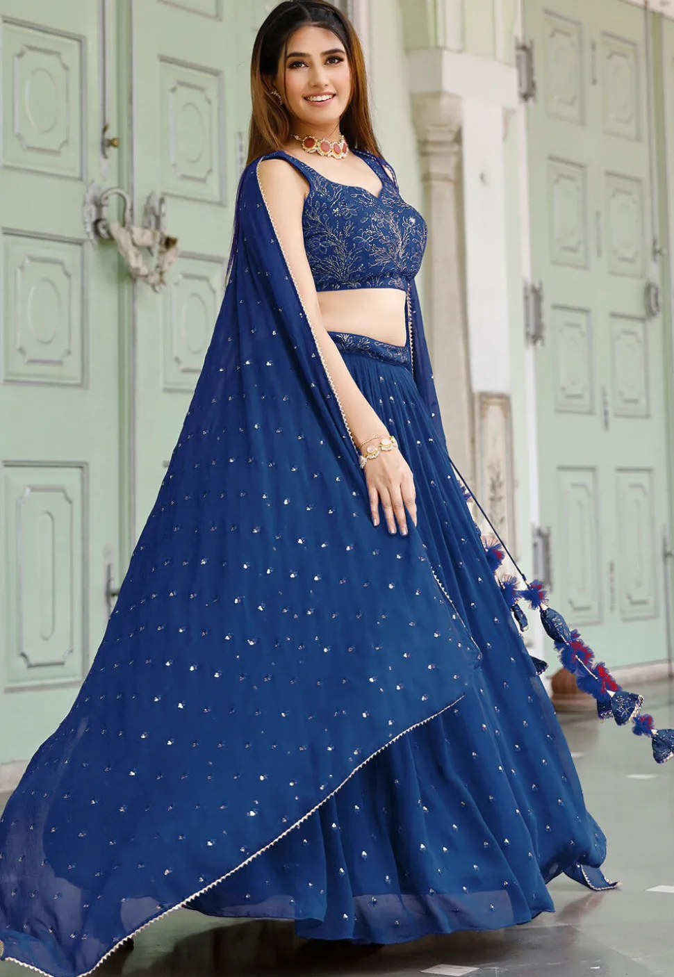 Embroidered Georgette Lehenga in Royal Blue