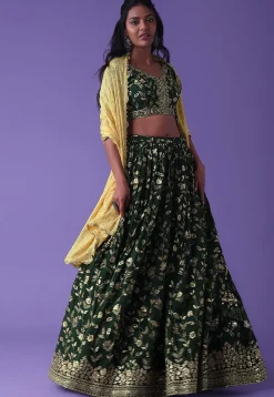 Embroidered Georgette Lehenga in Green
