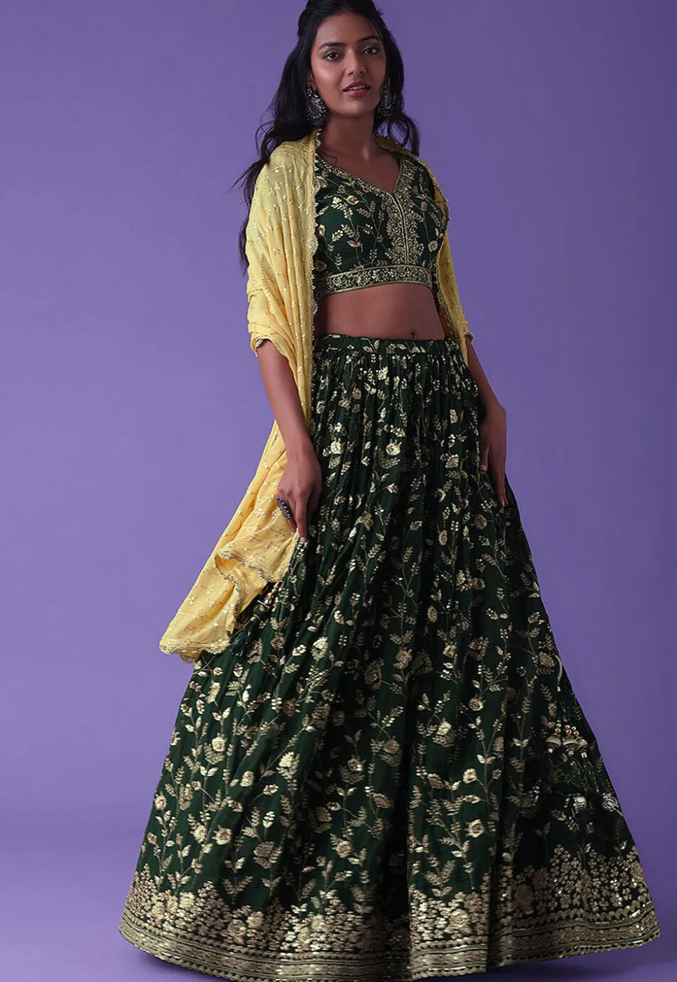 Embroidered Georgette Lehenga in Green