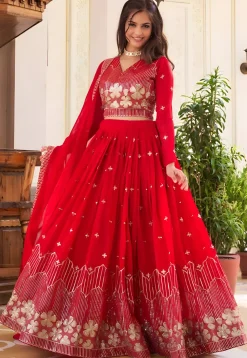 Embroidered Georgette Lehenga in Red