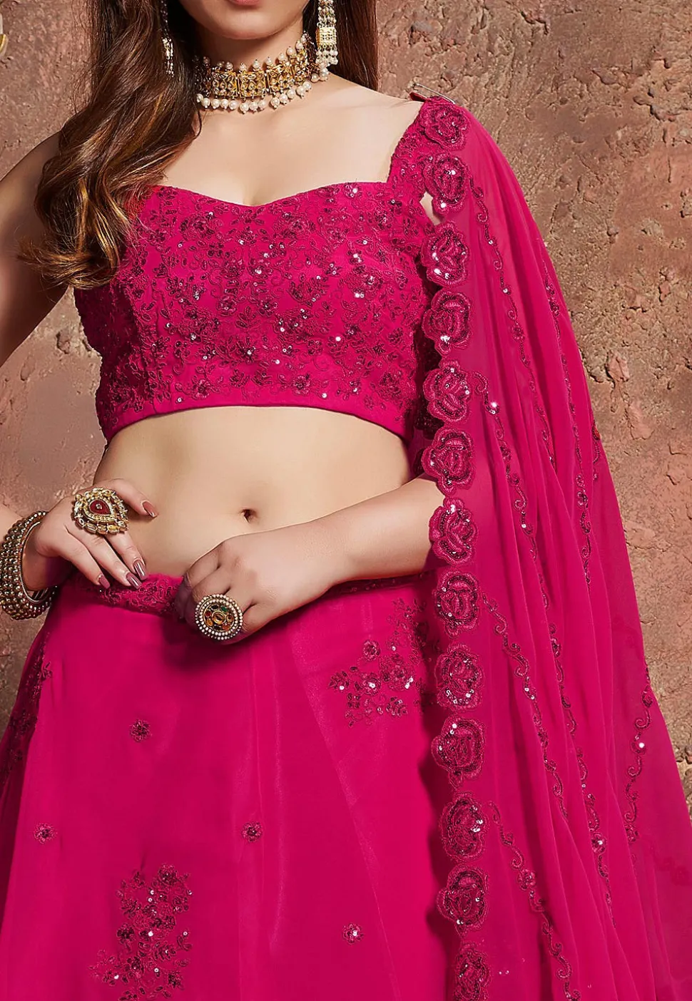 Embroidered Georgette Lehenga in Fuchsia