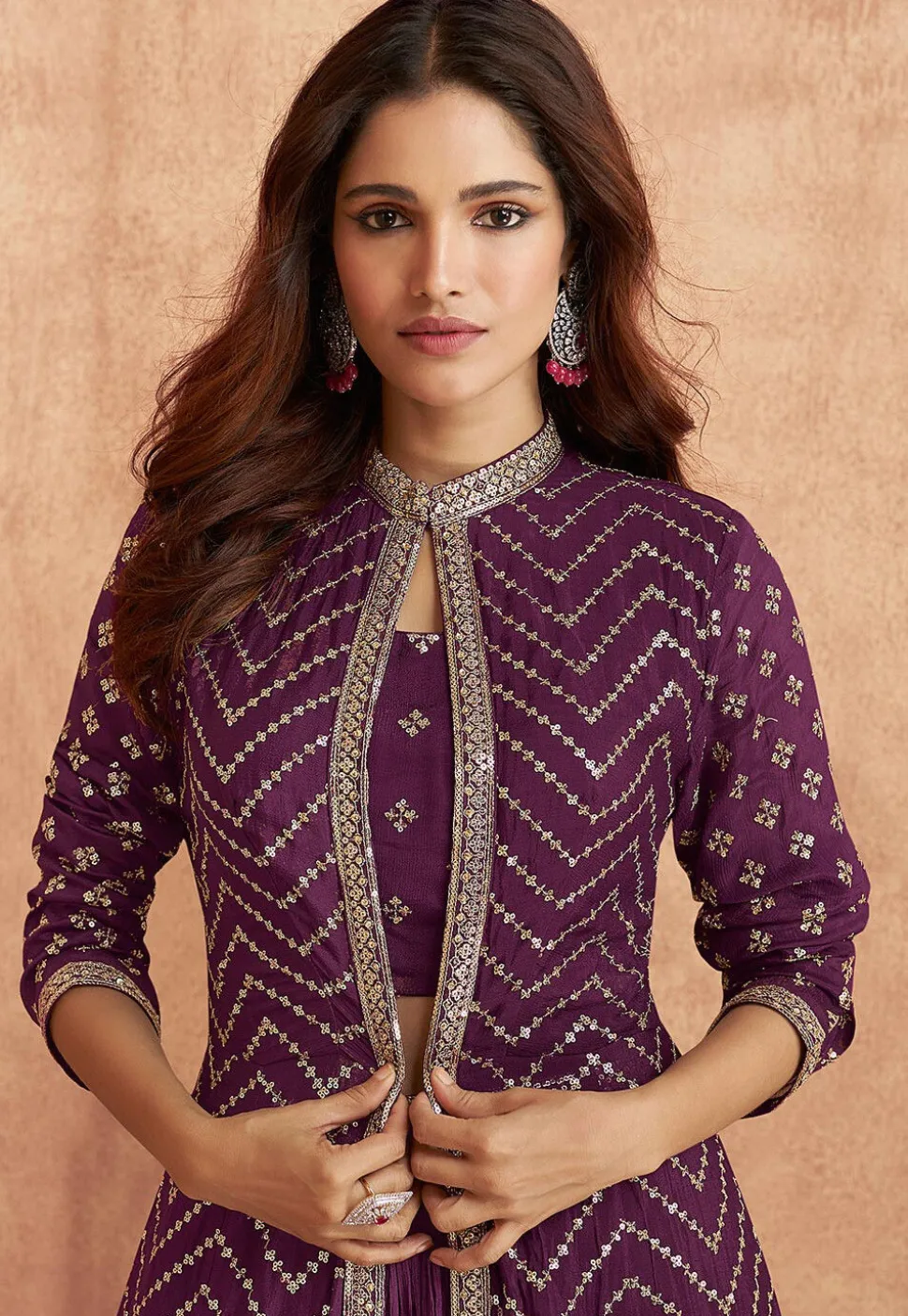 Embroidered Georgette Lehenga in Purple