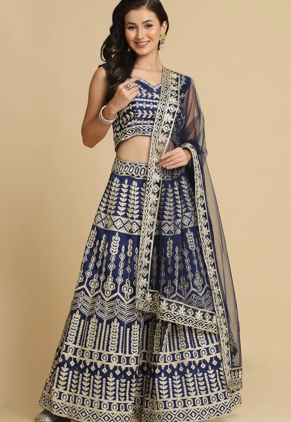 Embroidered Georgette Lehenga in Navy Blue