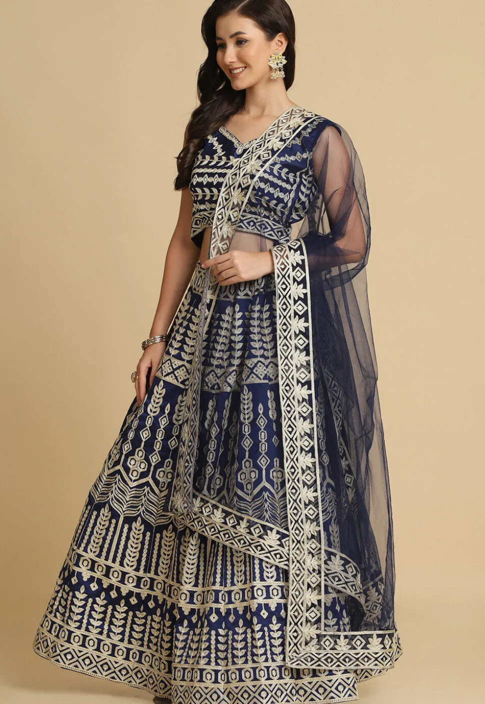 Embroidered Georgette Lehenga in Navy Blue