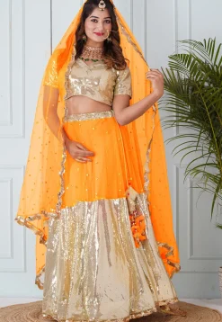 Embroidered Georgette Lehenga in Mustard and Beige