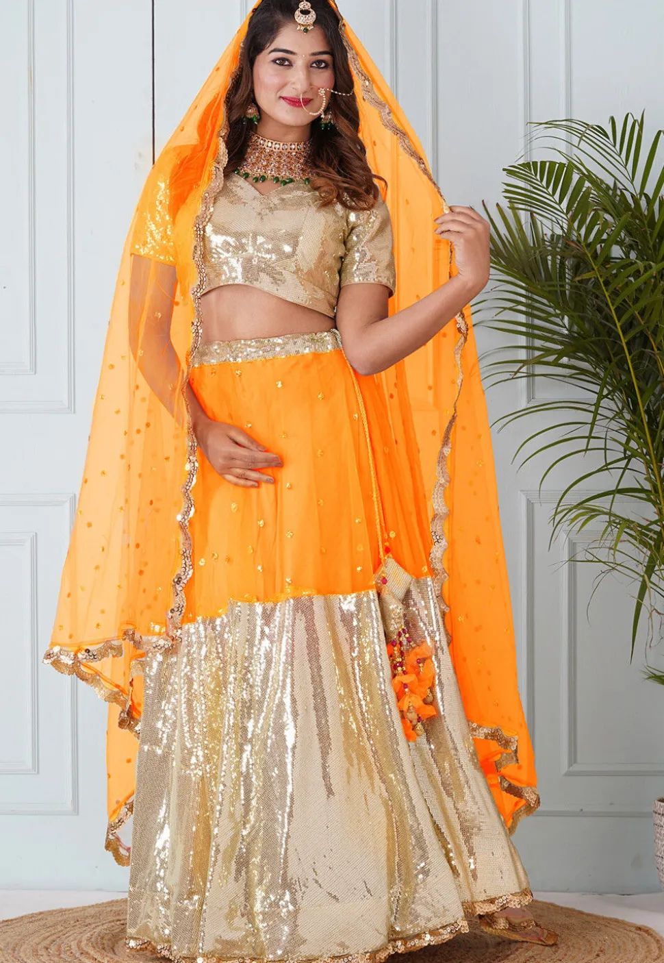 Embroidered Georgette Lehenga in Mustard and Beige