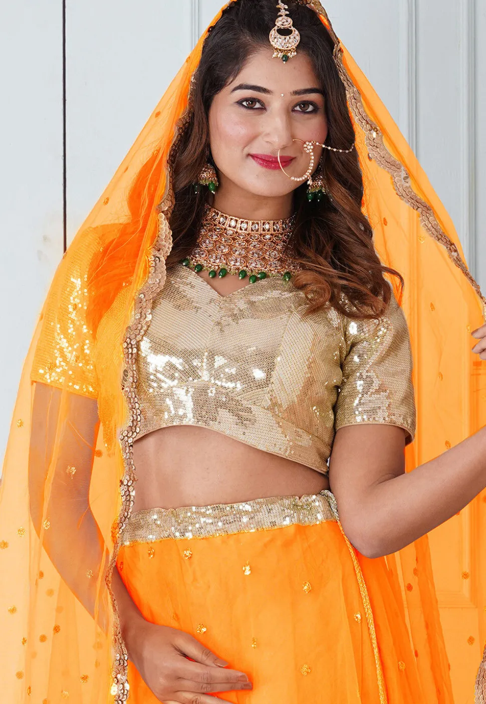 Embroidered Georgette Lehenga in Mustard and Beige