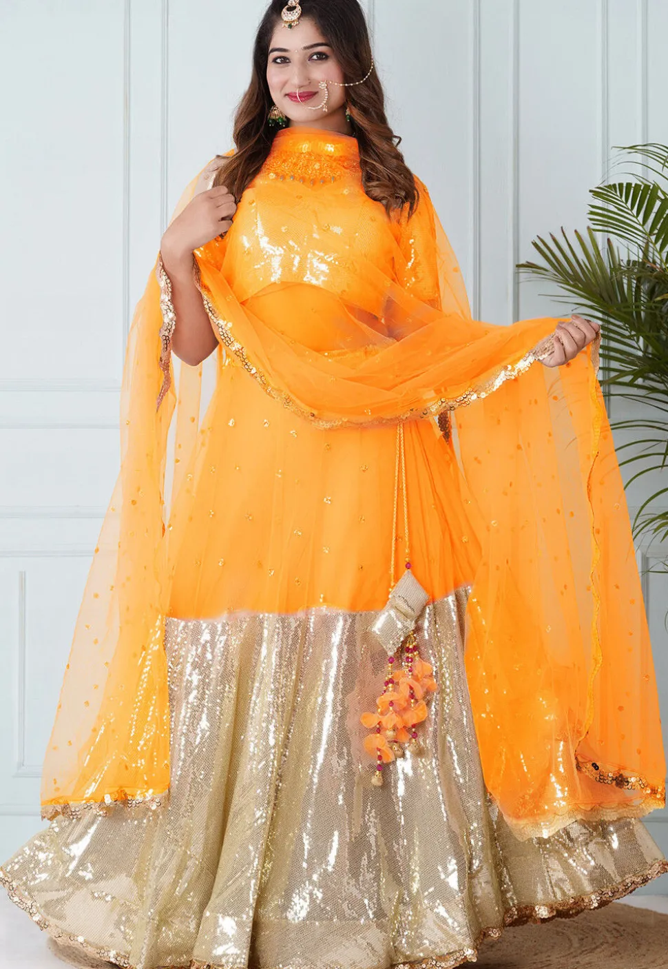Embroidered Georgette Lehenga in Mustard and Beige