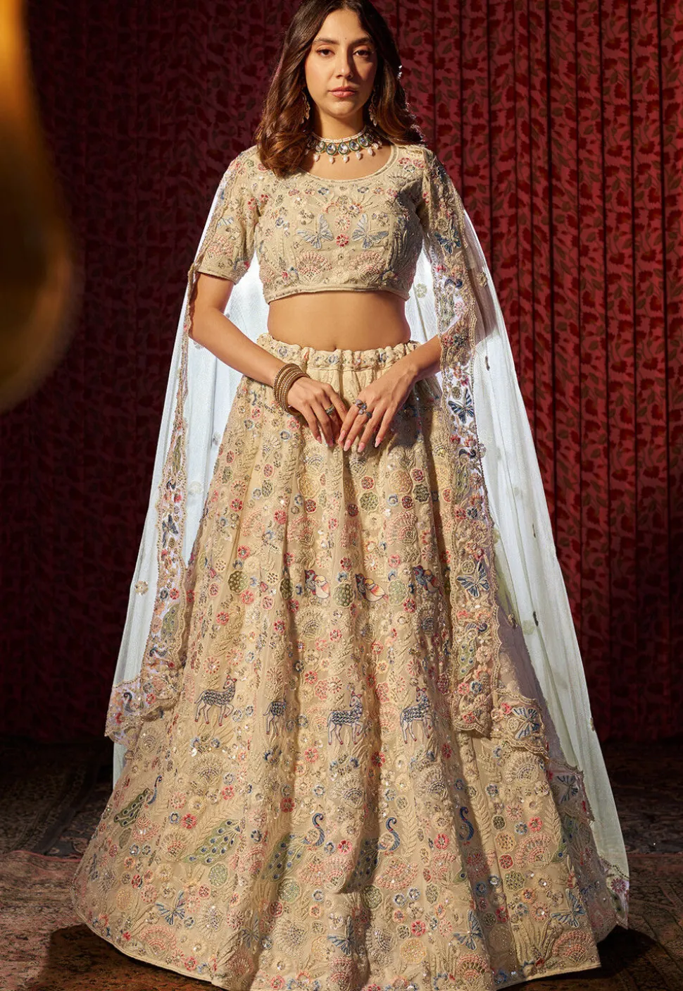 Embroidered Georgette Lehenga in Off White