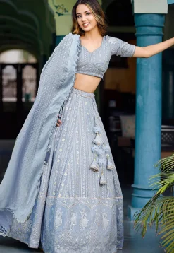 Embroidered Georgette Lehenga in Grey