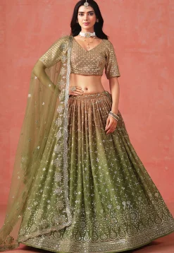 Embroidered Georgette Lehenga in Peach and Light Green