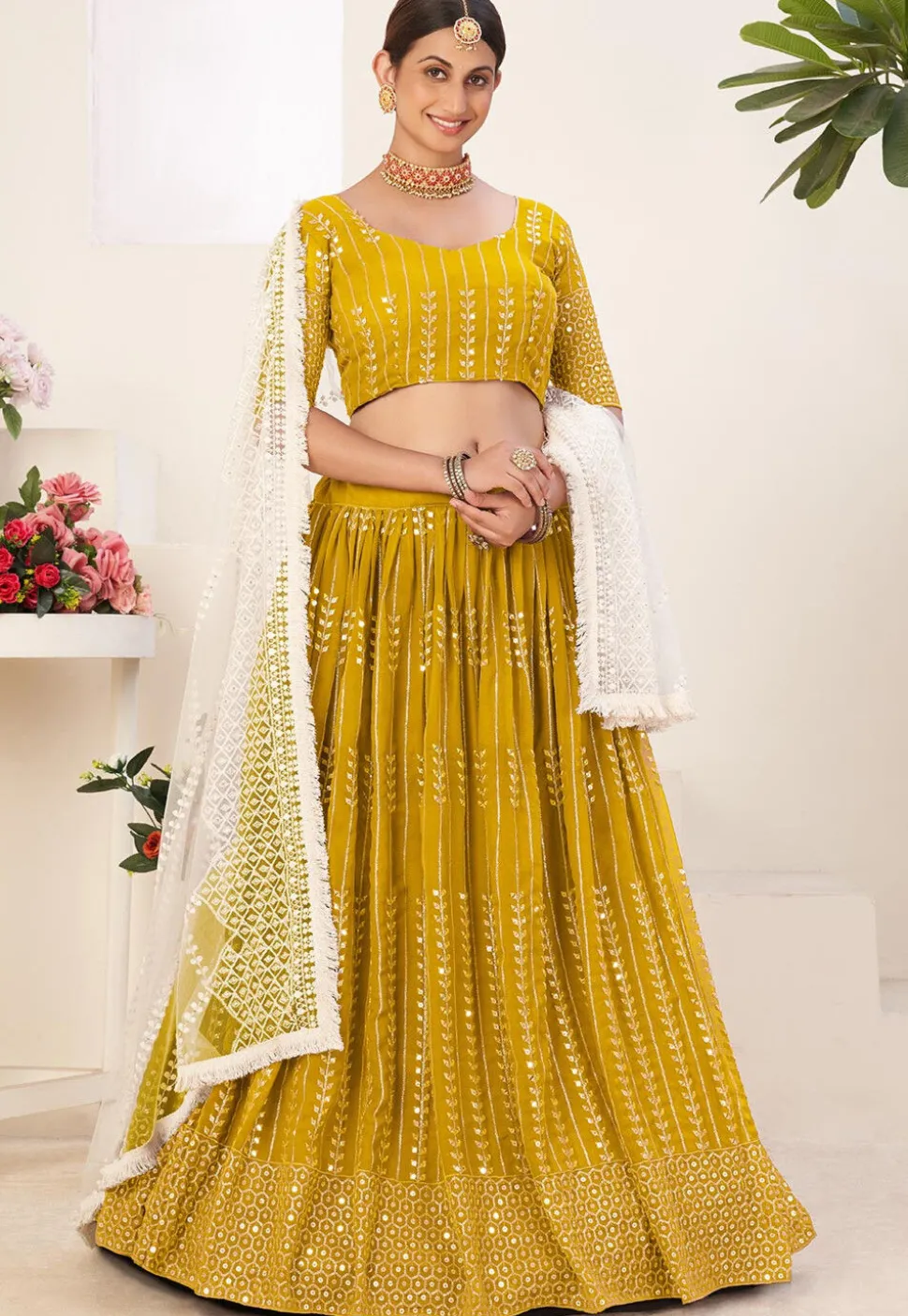 Embroidered Georgette Lehenga in Mustard