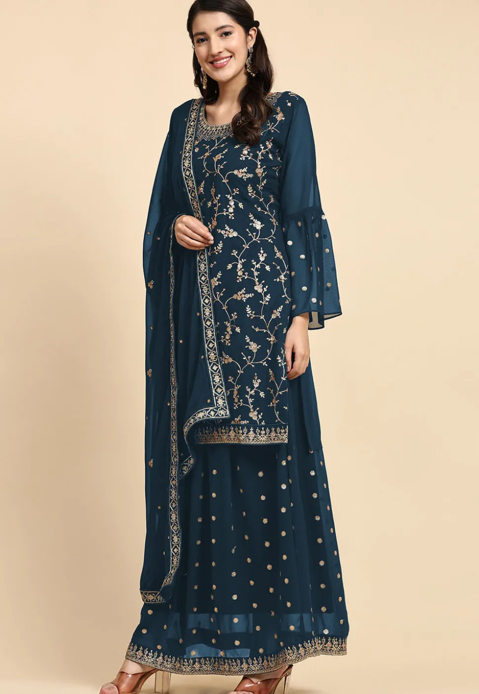 Embroidered Georgette Lehenga in Teal Blue