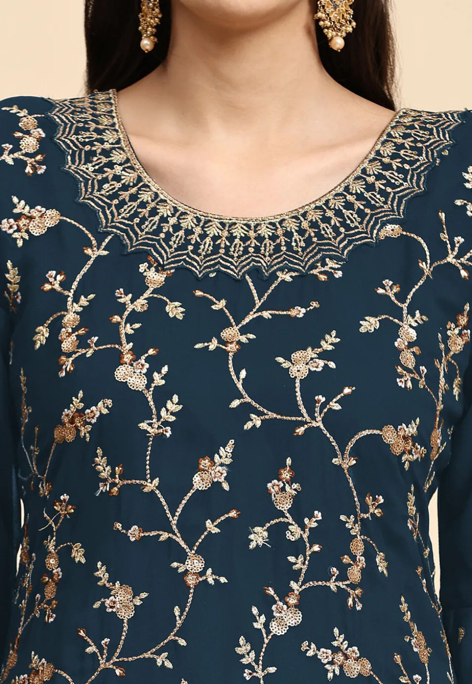 Embroidered Georgette Lehenga in Teal Blue