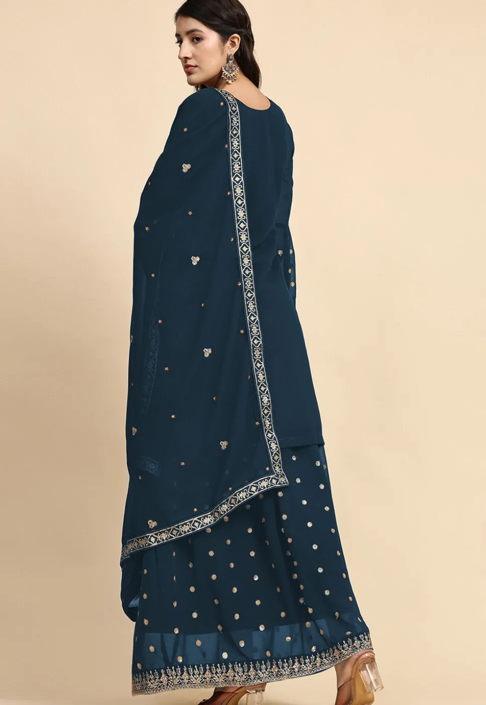 Embroidered Georgette Lehenga in Teal Blue