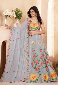 Embroidered Georgette Lehenga in Grey
