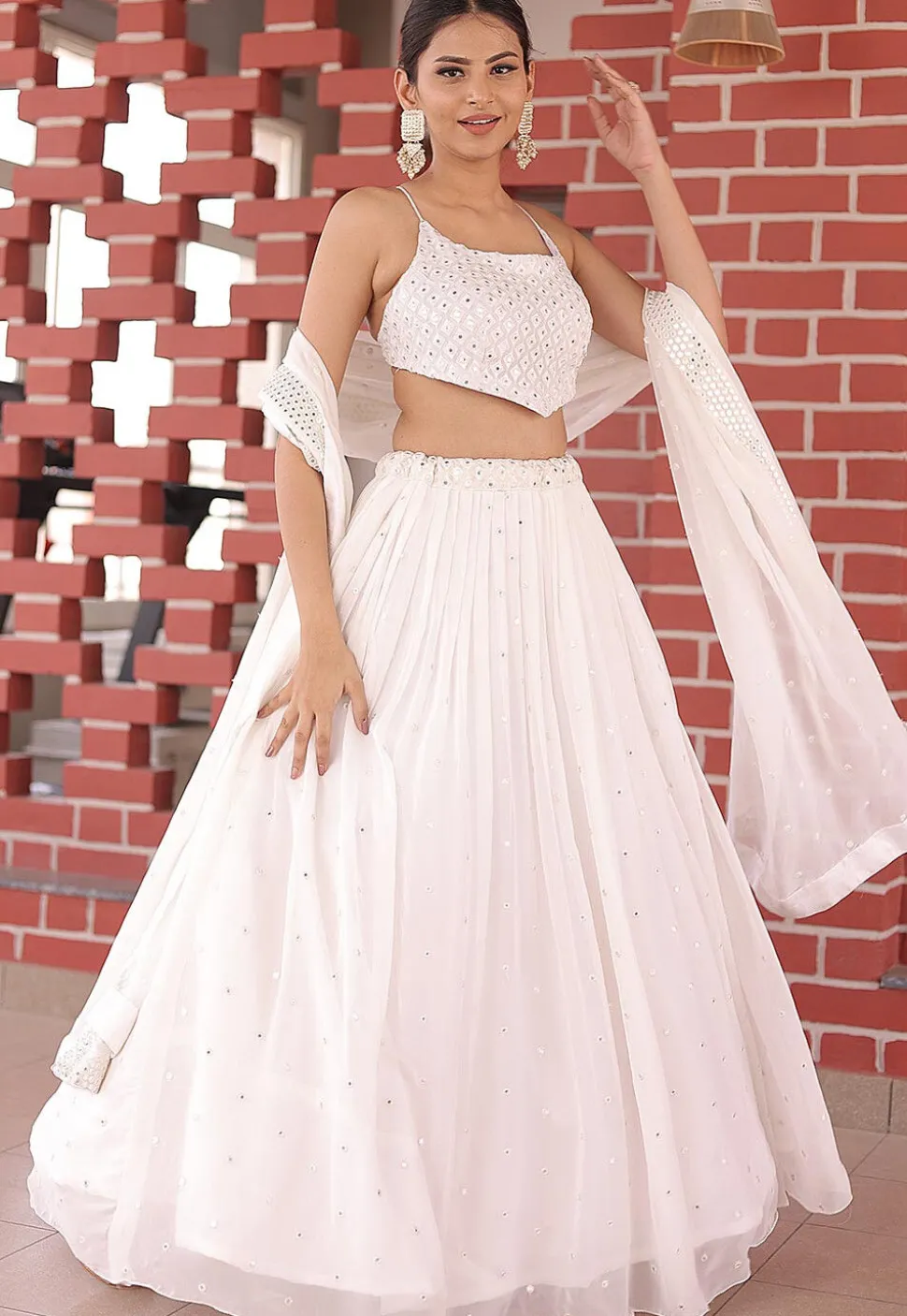Embroidered Georgette Lehenga in White