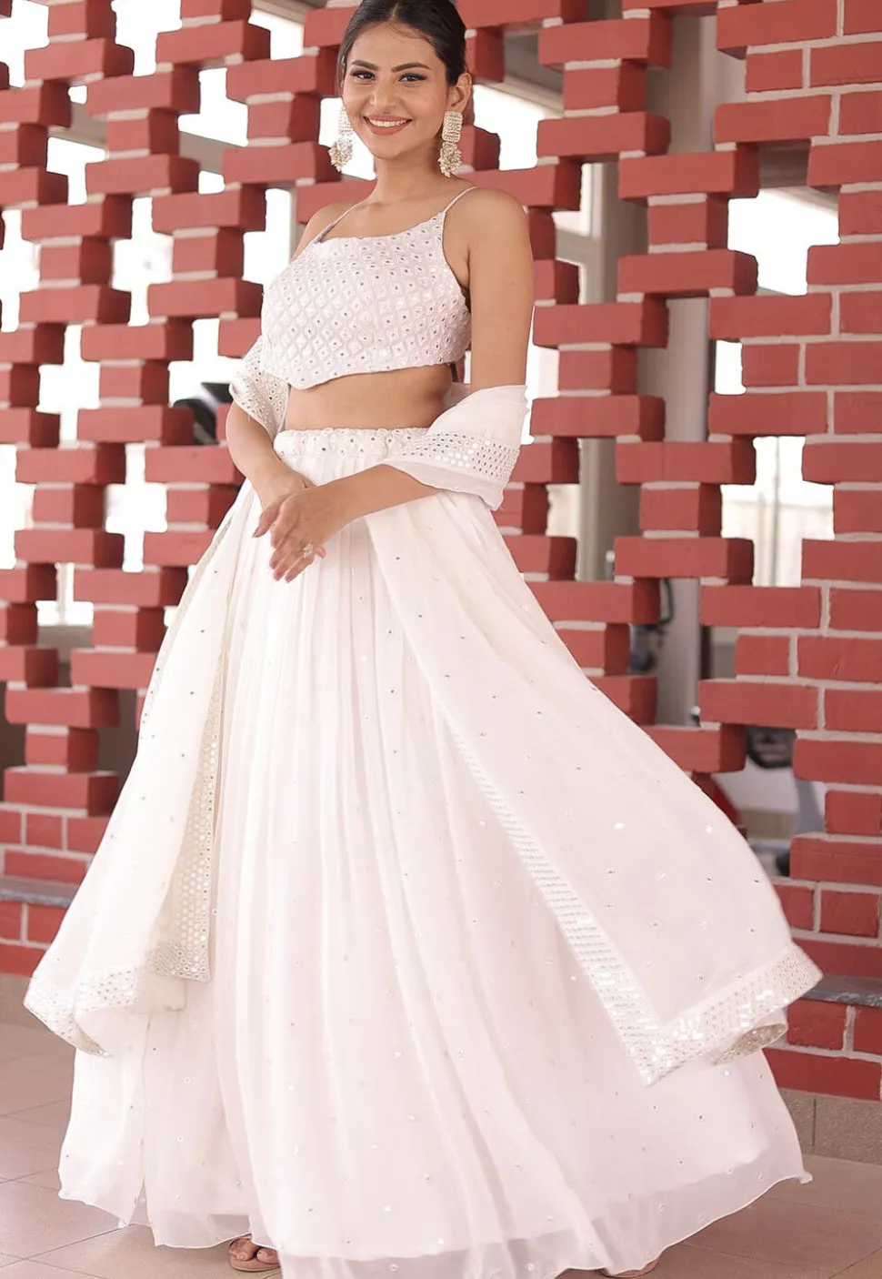 Embroidered Georgette Lehenga in White