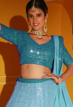 Embroidered Georgette Lehenga in Shaded Turquoise