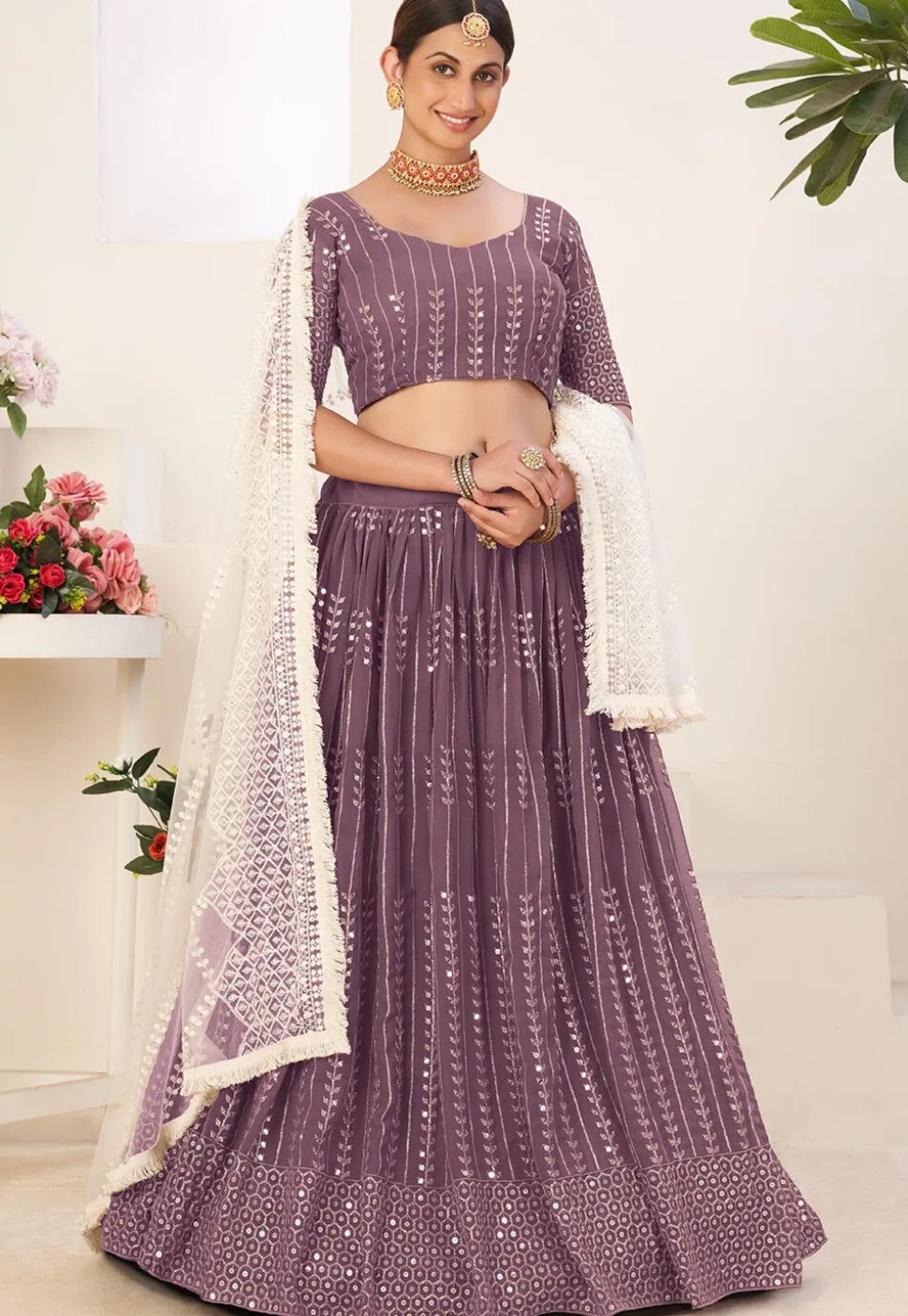 Embroidered Georgette Lehenga in Light Purple