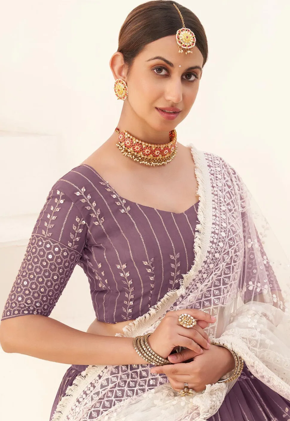 Embroidered Georgette Lehenga in Light Purple