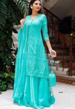 Embroidered Georgette Lehenga in Light Turquoise