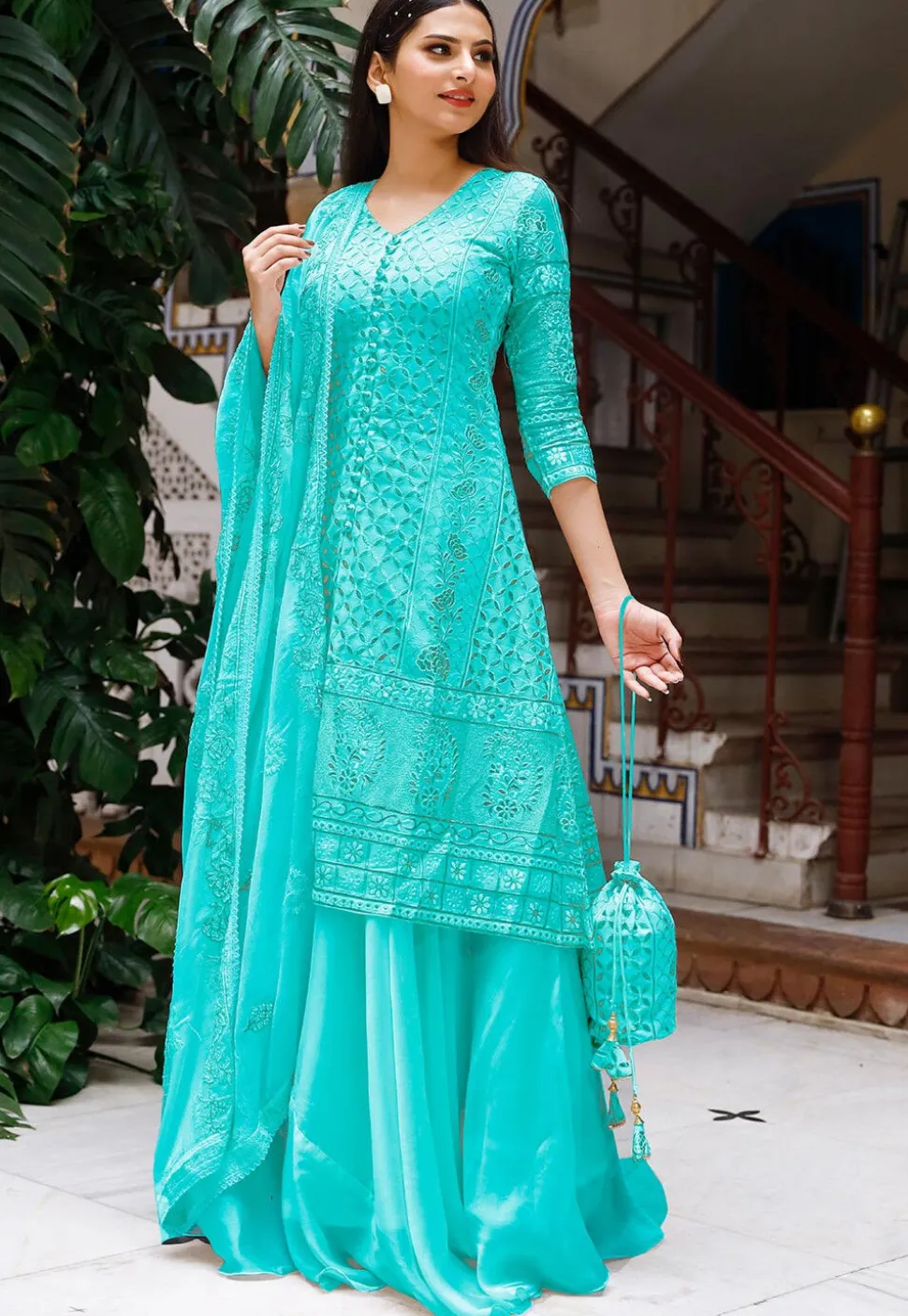Embroidered Georgette Lehenga in Light Turquoise
