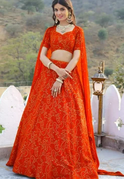 Embroidered Georgette Lehenga in Orange