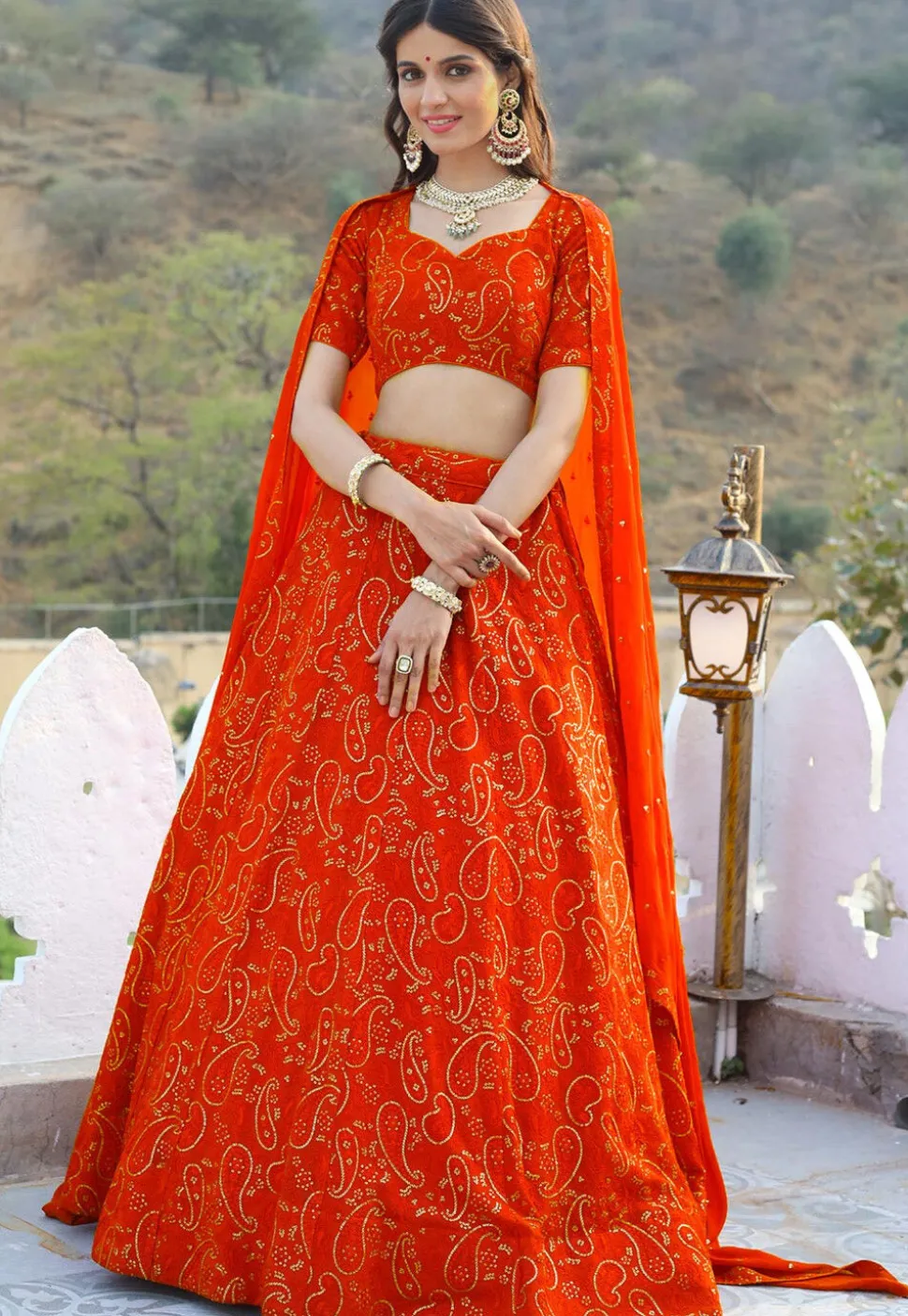 Embroidered Georgette Lehenga in Orange