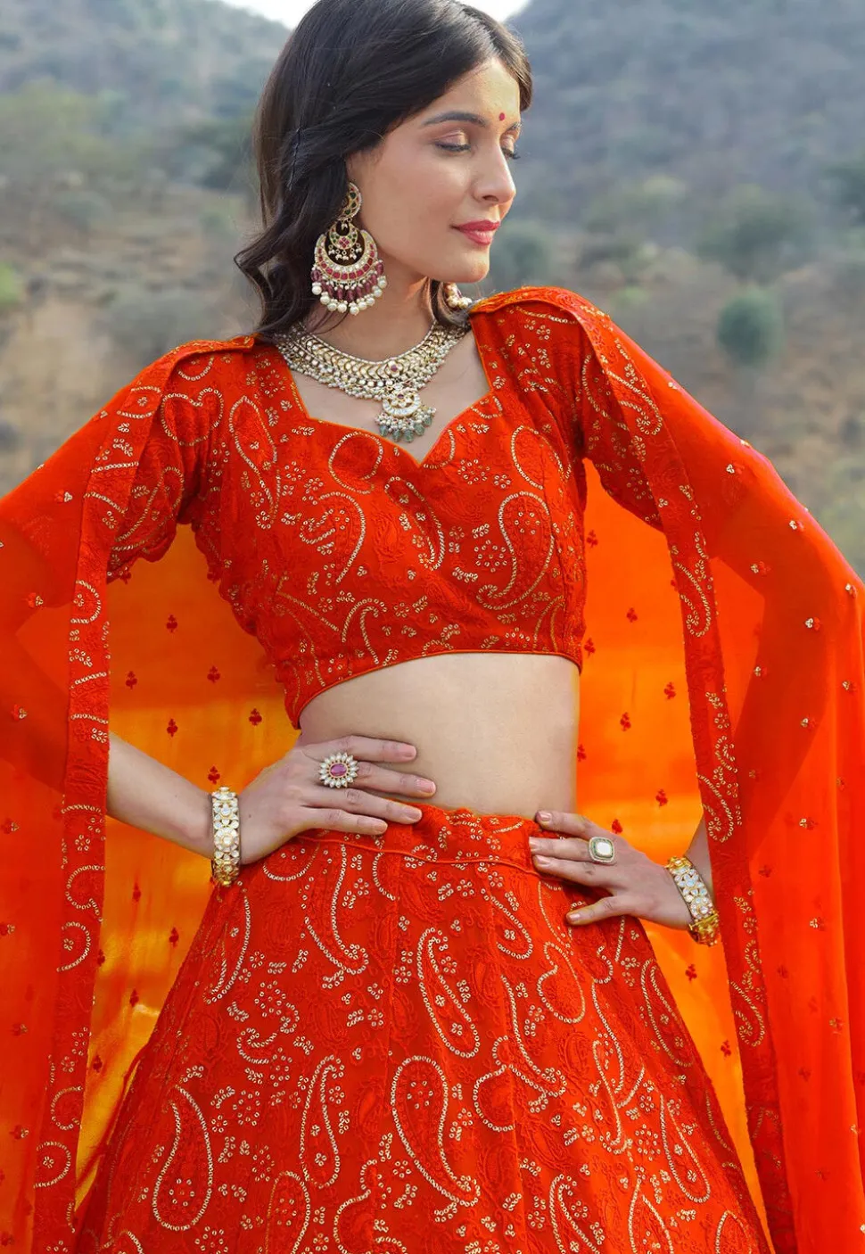 Embroidered Georgette Lehenga in Orange