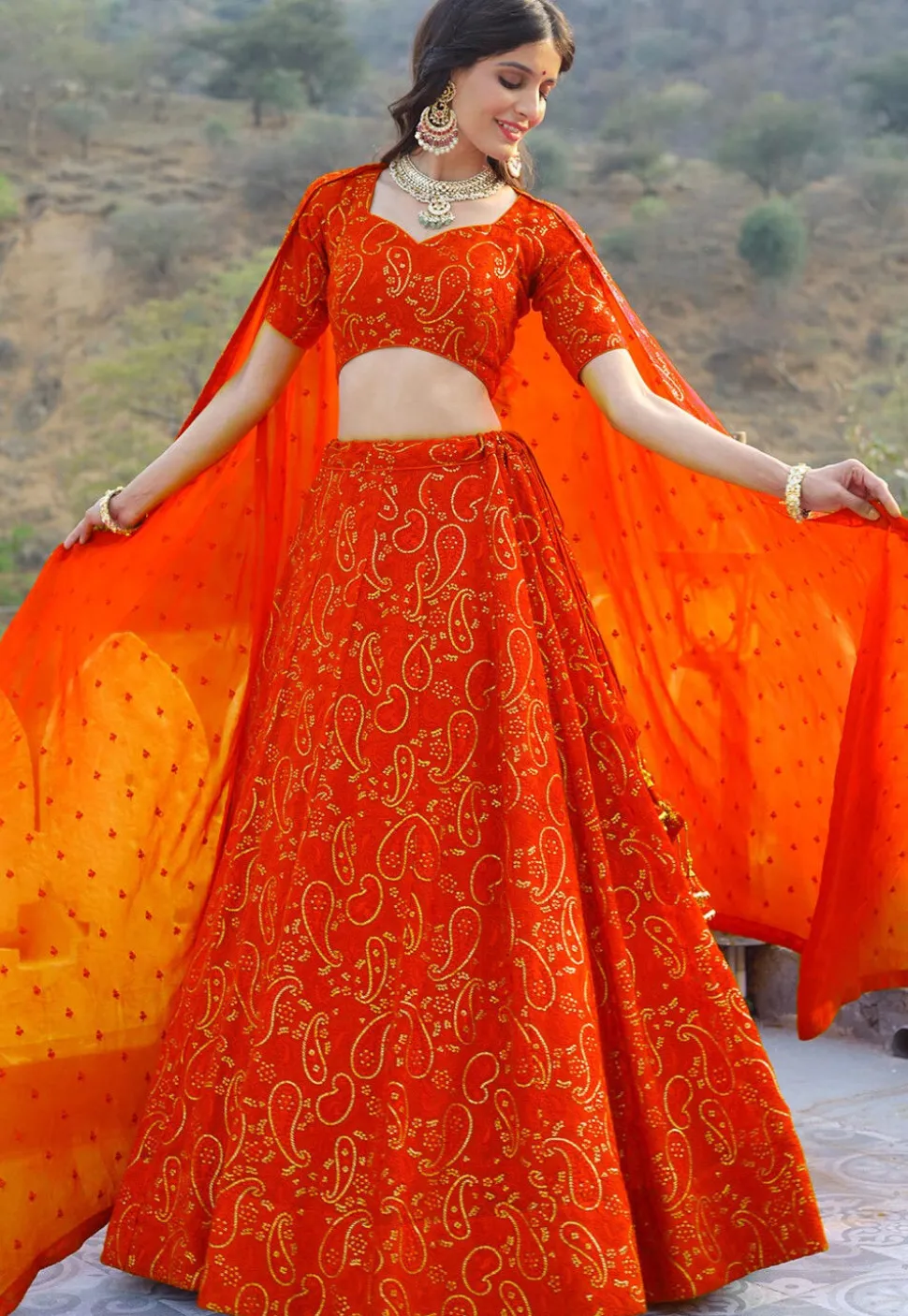 Embroidered Georgette Lehenga in Orange
