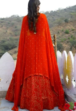 Embroidered Georgette Lehenga in Orange