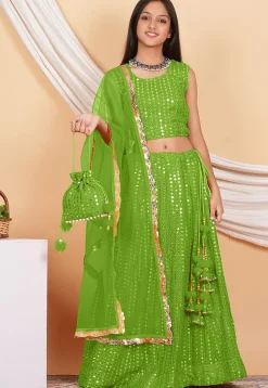 Embroidered Georgette Lehenga in Green