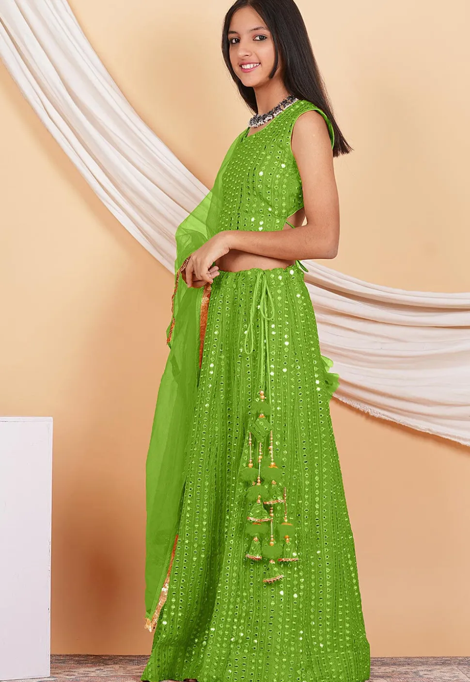 Embroidered Georgette Lehenga in Green