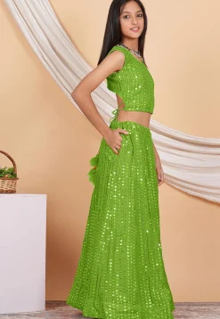 Embroidered Georgette Lehenga in Green