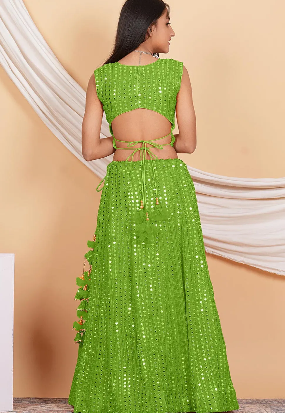 Embroidered Georgette Lehenga in Green