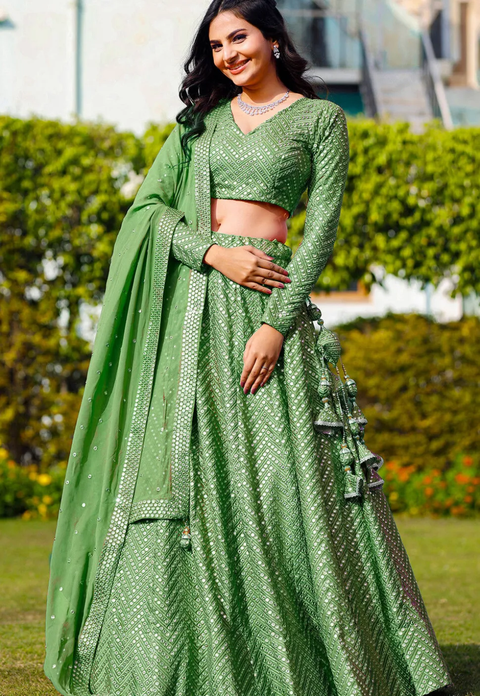 Embroidered Georgette Lehenga in Light Green
