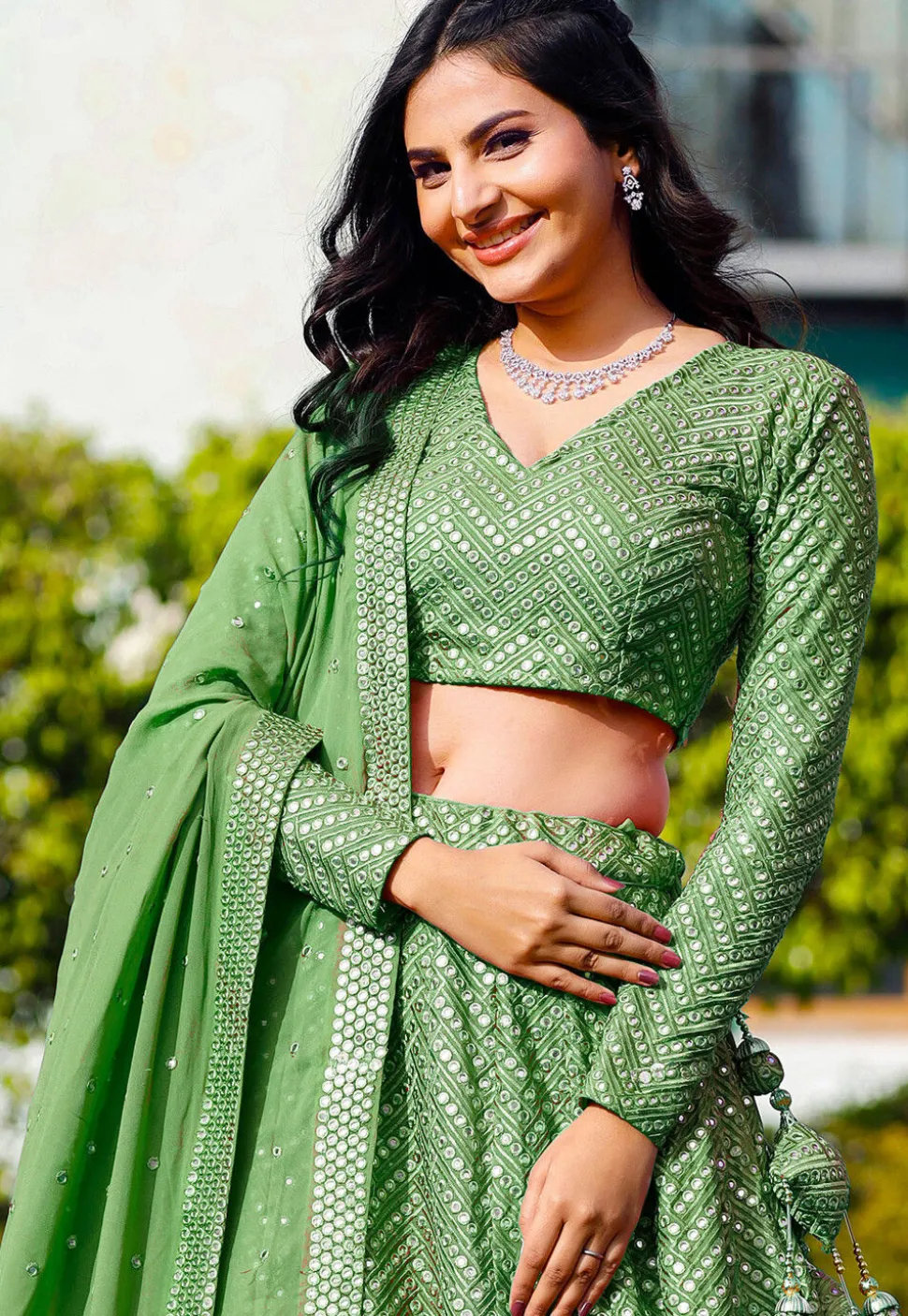 Embroidered Georgette Lehenga in Light Green