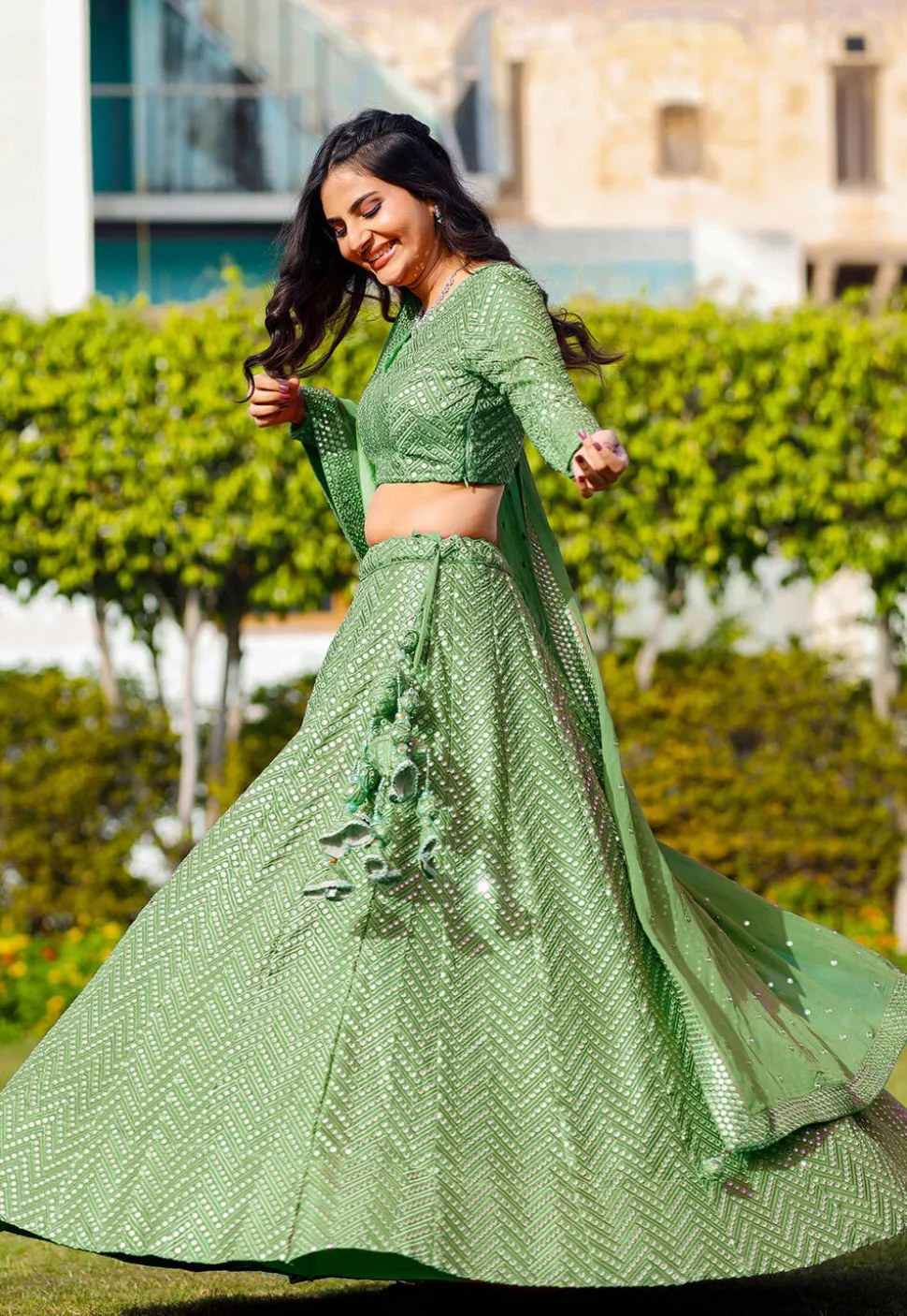 Embroidered Georgette Lehenga in Light Green