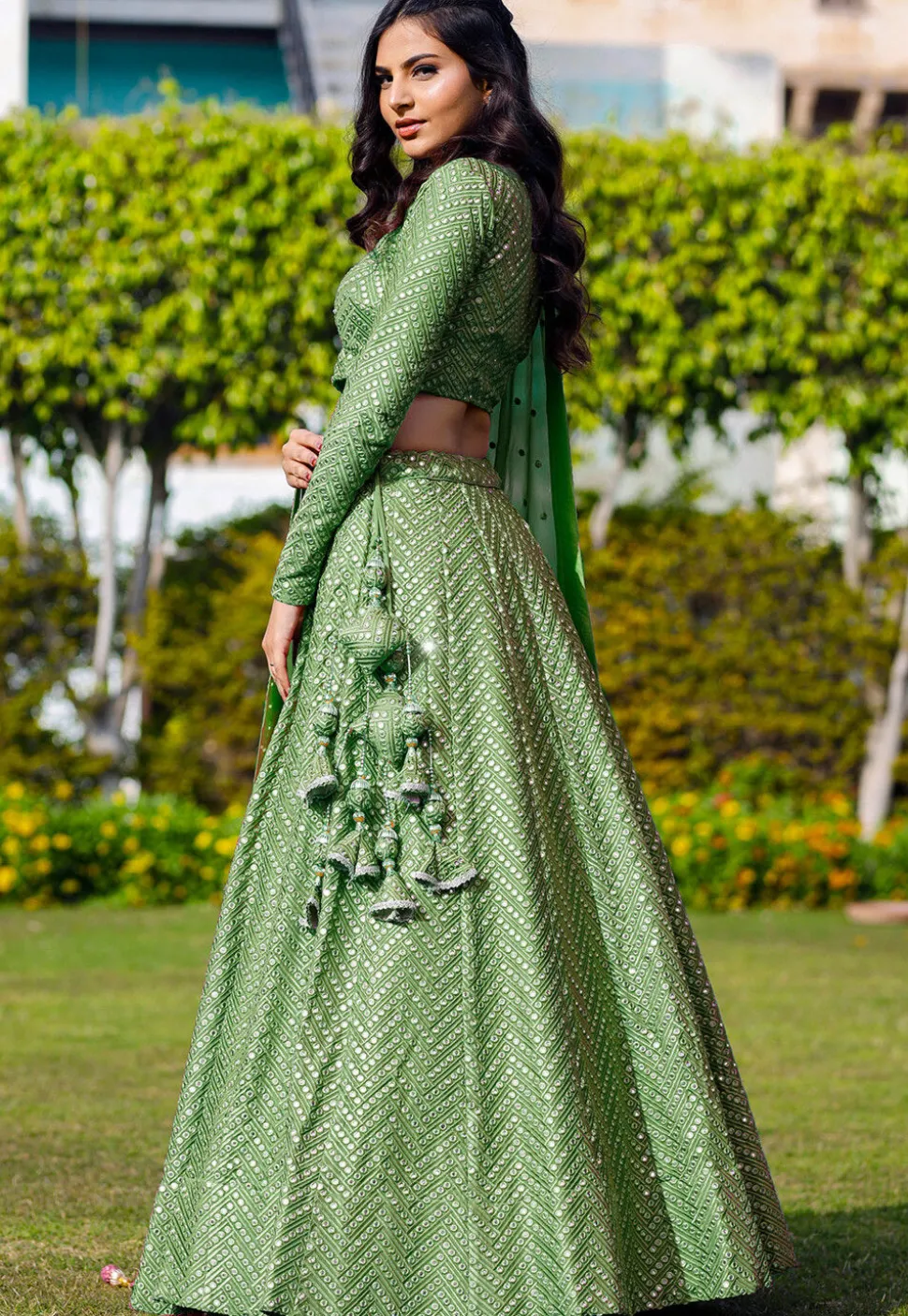 Embroidered Georgette Lehenga in Light Green